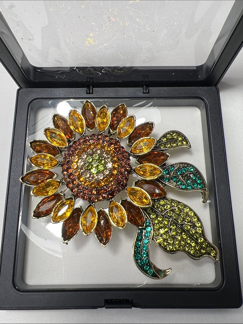 Sunflower Crystal Brooch in Amber, Green and Teal - Picture 2 of 3